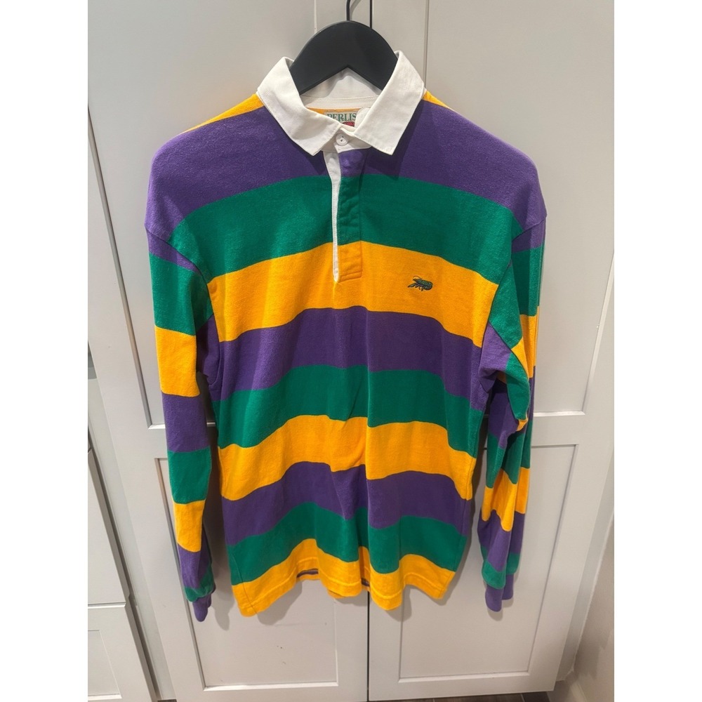 Vintage Perlis Mardi Gras Rugby Shirt Mens XS Purple Gold Striped Made in USA